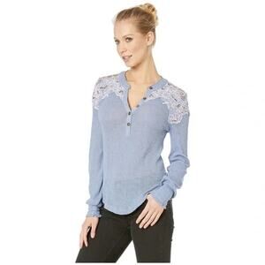 Free People Easy Breezy Long Sleeve Henley Top Blue Womens Size Large